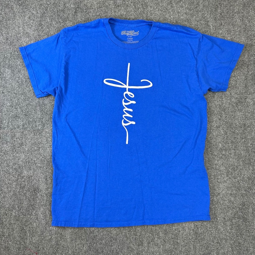 Shop4Ever Jesus Cross Script Graphic T-Shirt Royal Blue Mens Large Cotton Blend